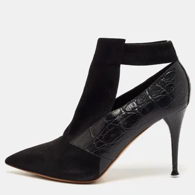 Pre-owned Chloé Black Croc Embossed Leather And Suede Ankle Length Boots Size 36