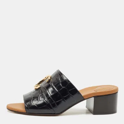 Pre-owned Chloé Black Croc Embossed Leather C Logo Mules Size 40