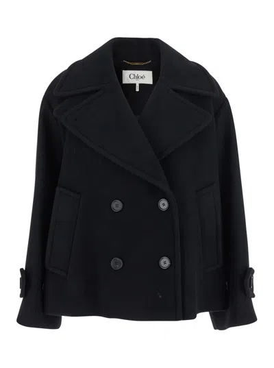 Chloé Black Double-breasted Jacket With Notched Wide Revers And Dropped Shoulders In Wool Blend Woma