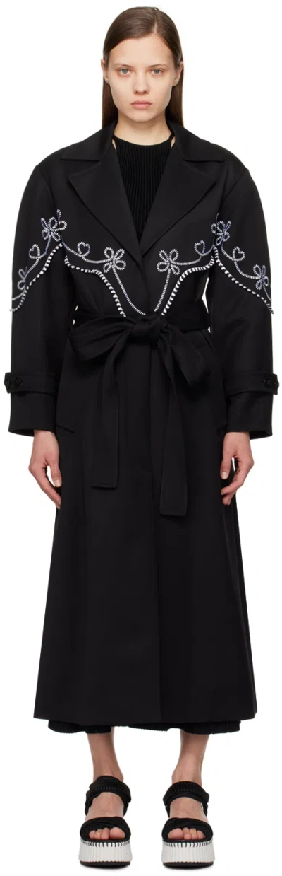 Chloé Embroidered Belted Wool Coat In Black