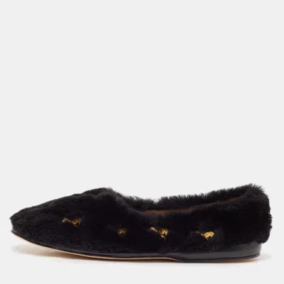 Pre-owned Chloé Black Fur Horse Embroidered Ballet Flats Size 40