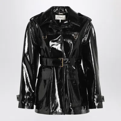 Chloé Belted Jacket In Shiny Coated Cotton In Black
