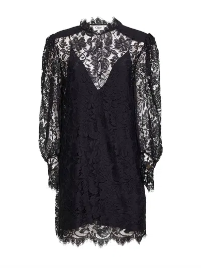 CHLOÉ BLACK LACE LONG-SLEEVED MINI DRESS