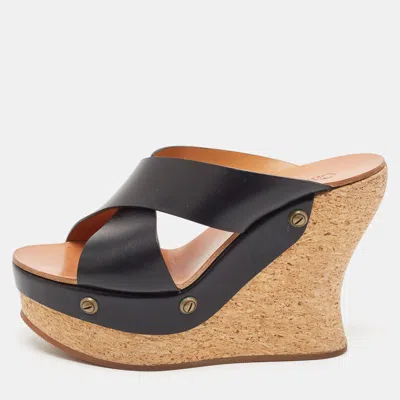 Pre-owned Chloé Black Leather Cork Wedge Sandals Size 38