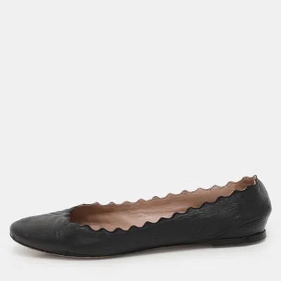 Pre-owned Chloé Black Leather Laurena Scalloped Ballet Flats Size 36