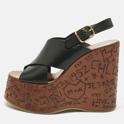 Pre-owned Chloé Black Leather Maxime Platform Wedge Sandals Size 38