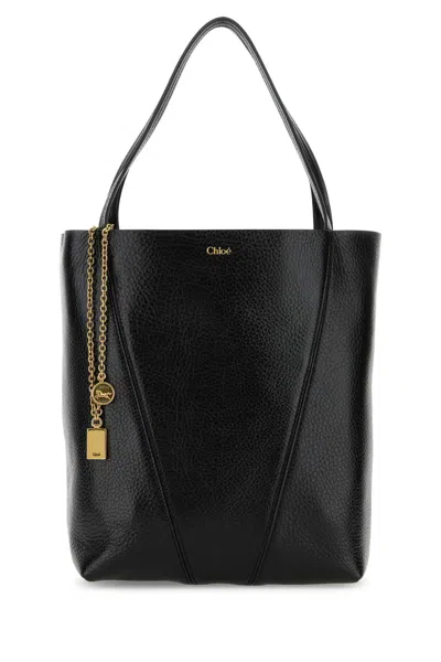 CHLOÉ BLACK LEATHER SPIN SHOPPING BAG