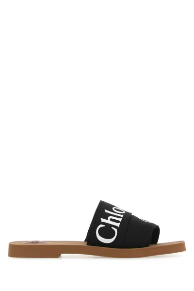 Chloé Black Linen Woody Slippers