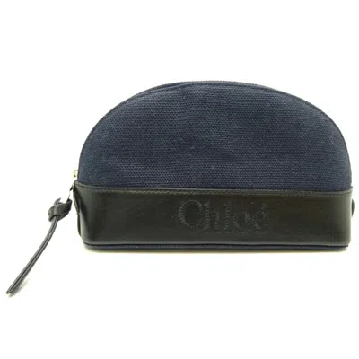 Pre-owned Chloé Black Navy Linen Leather Pouch Wash Bag () In Multi