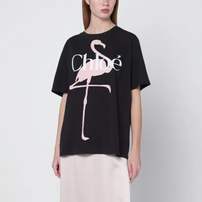 Chloé Women Black Crewneck T-shirt With Maxi Logo Print On The Front In Cotton Woman