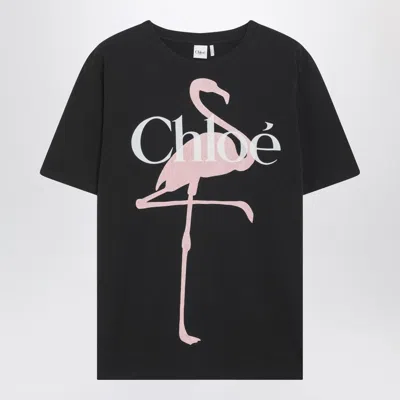 Chloé Women Black Crewneck T-shirt With Maxi Logo Print On The Front In Cotton Woman