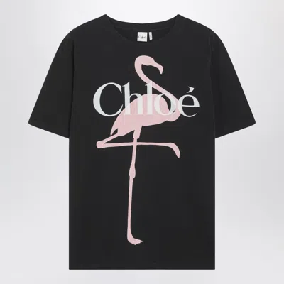 Chloé Black Oversized T-shirt With Logo And Flamingo Print