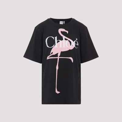 Chloé Black Oversized Tshirt With Logo And Flamingo Print