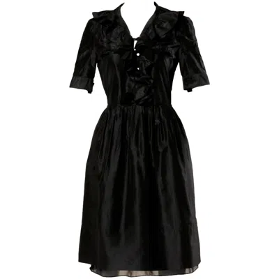 Pre-owned Chloé Chloe Black Silk Taffeta Dress Wth Ruffled Collar