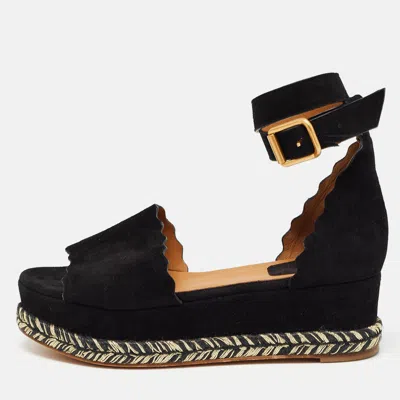 Pre-owned Chloé Black Suede Lauren Espadrille Wedge Sandals Size 39