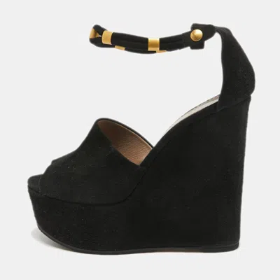 Pre-owned Chloé Black Suede Platform Wedge Ankle Strap Sandals Size 39