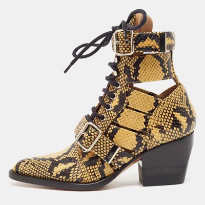 Pre-owned Chloé Black/brown Python Embossed Leather Rylee Ankle Length Boots Size 36