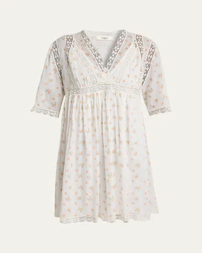 Chloé Blooms Print Cotton Mini Dress In White/orange