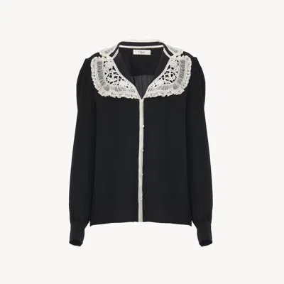 Chloé Blouse À Volants En Crêpe De Chine Et Dentelle Femme Noir Taille 42 100% Soie, Pinctada Maxima, Farm