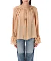 Chloé Pleated Sheer Blouse Ruffled Cuffs In Beige