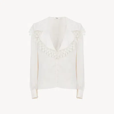 Chloé Blouse Col Oversize En Soie Jacquard Et Dentelle In White