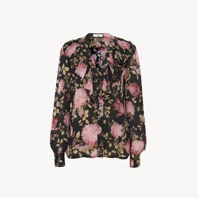Chloé Blouse Col V À Volants En Charmeuse De Soie Femme Noir Taille 36 100% Soie, Pinctada Maxima, Farmed, In Black