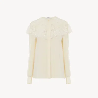 Chloé Blouse Froncée En Crêpe De Chine Et Dentelle Femme Blanc Taille 38 100% Soie, Pinctada Maxima, Farme