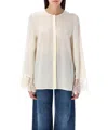 Chloé Button Down Crepe De Chine Top With Lace Sleeves In White