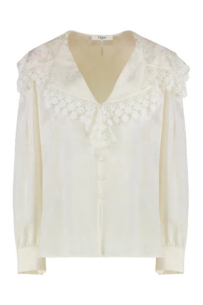 Chloé Blouse With A Maxi Collar In Silk Jacquard And Lace In White