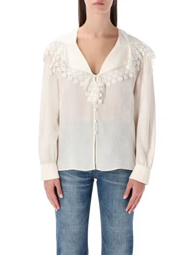 Chloé Blouse With A Maxi Collar In Silk Jacquard And Lace In White