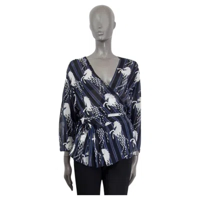 Pre-owned Chloé Chloe Blue & White Silk Horse Print Sheer Wrap Blouse Shirt 36 Xs