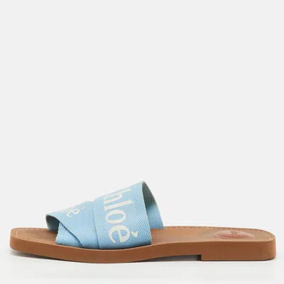 Pre-owned Chloé Blue Canvas Woody Flat Slide Sandals Size 39