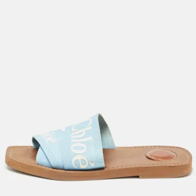 Pre-owned Chloé Blue Canvas Woody Flat Slides Size 37