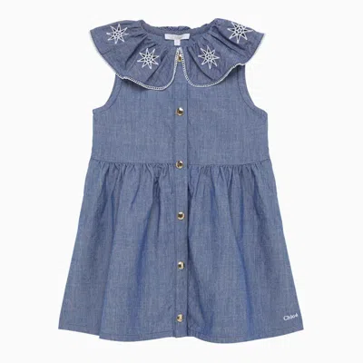 Chloé Babies' Blue Cotton Dress With Embroidered Collar In Light Blue