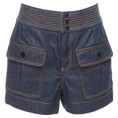 Pre-owned Chloé Chloe Blue Cotton Raw Denim Yellow Topstitched Cargo Pocket Shorts Fr36 S