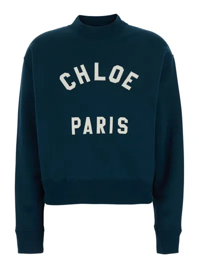 Chloé Blue Crewneck Sweatshirt With Logo Lettering Print In Cotton Woman