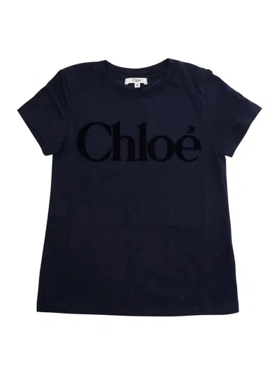Chloé Kids' Blue Crewneck T-shirt With Logo Lettering On The Front In Cotton Girl In Multi