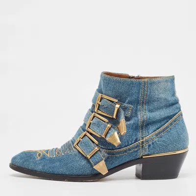Pre-owned Chloé Blue Denim Embroidered Western Boots Size 37.5