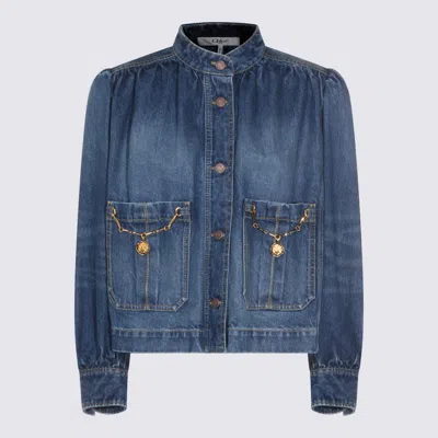 Chloé Blue Jacket With High Neck And Chain Detail On The Front In Denim Woman