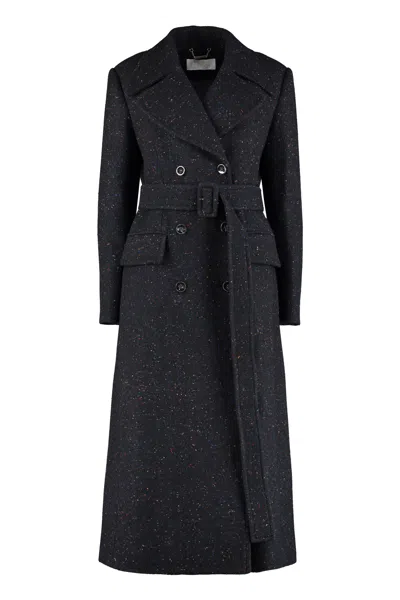 Chloé Blue Double-breasted Maxi Coat With Silk And Virgin Wool Blend