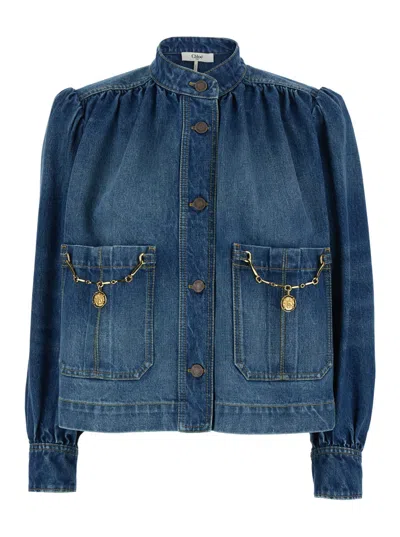 Chloé Blue Jacket With High Neck And Chain Detail On The Front In Denim Woman