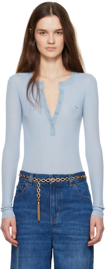 Chloé Blue Long Sleeve Pullover Polo In 459 Baltic Sea