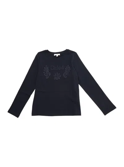 Chloé Kids' Logo-embroidered Cotton T-shirt In Blu