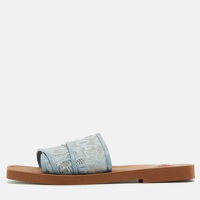Pre-owned Chloé Blue Mesh And Lace Woody Flat Slides Size 38