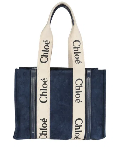Chloé Blue Suede Calfskin Medium Woody Ribbon Tote (authentic Pre-loved)