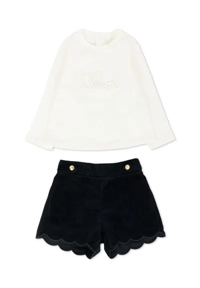 Chloé Blue Suit For Baby Girl With Logo In White