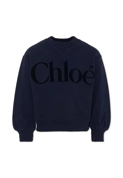 Chloé Kids' Blue Sweatshirt For Girl With Velvet Logo