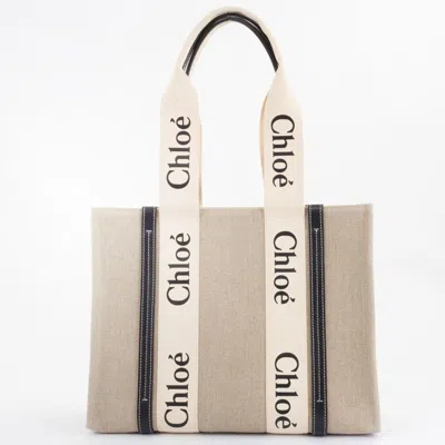 Pre-owned Chloé Blue White Linen Leather Tote Bag ()