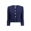 Chloé Boxy Collarless Jacket In Wool Check In Blue