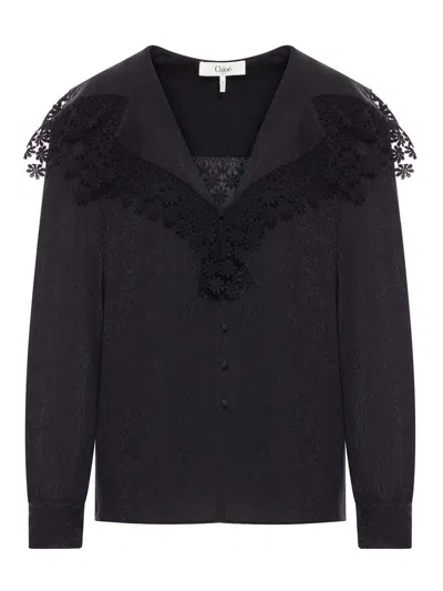 Chloé Blouse In Silk Jacquard And Lace In Black